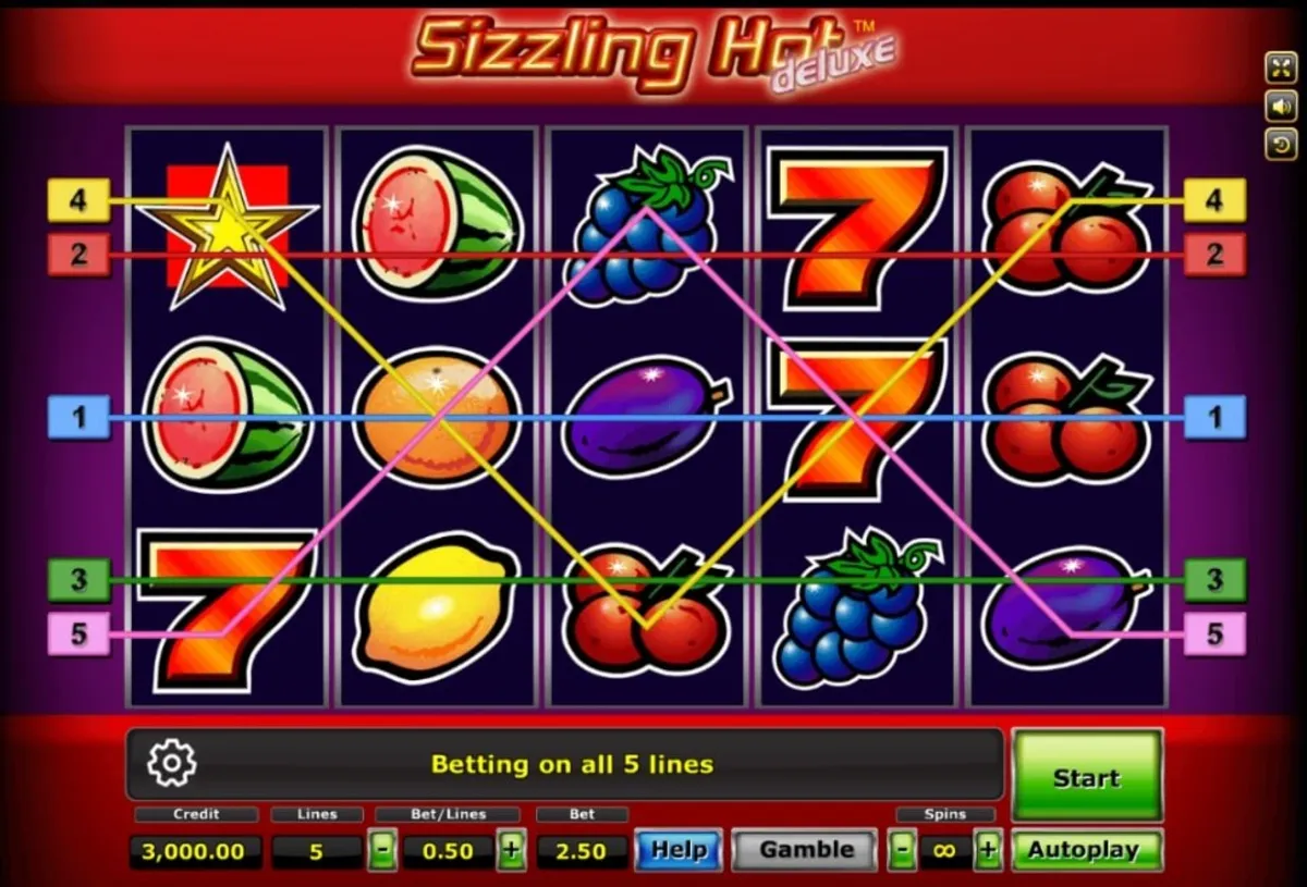 หน้าเกม Sizzling Hot แสดงผลไม้คลาสสิกและเลขเจ็ดสีแดง