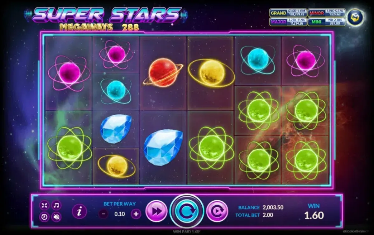 หน้าเกม Super Stars แสดงดวงดาวและเอฟเฟกต์แสงสีสดใส