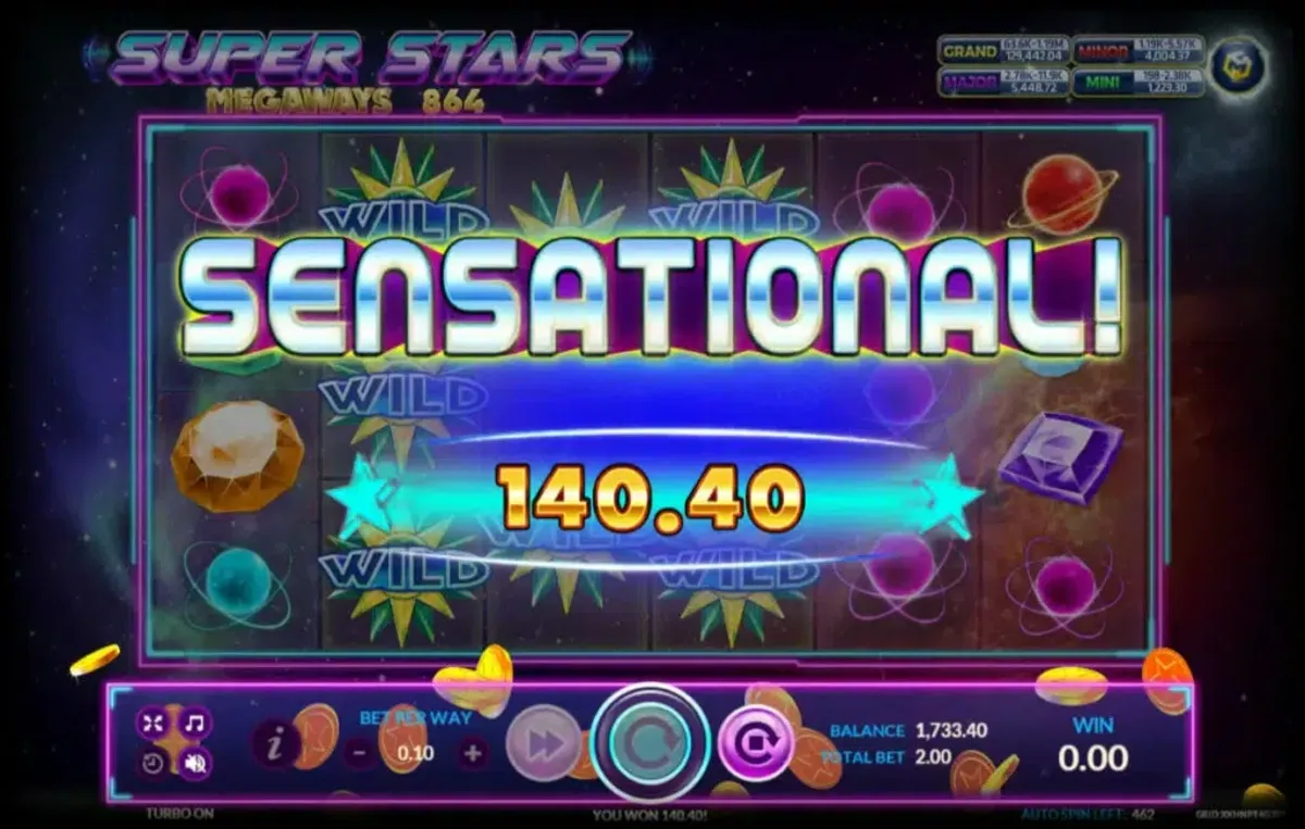 รีลเกม Super Stars พร้อมสัญลักษณ์ดาวและไอคอนพลังพิเศษ