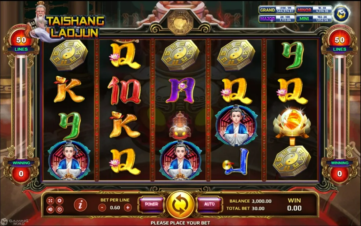 หน้าเกม Tai Shang Lao Jun แสดงเทพเต๋าและบรรยากาศวังสวรรค์