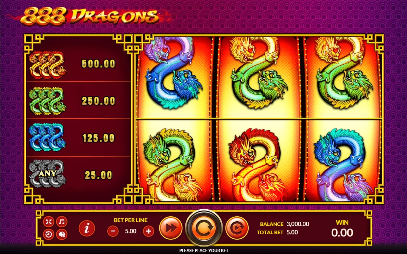 หน้าเกม The 888 Dragons แสดงมังกรจีนและบรรยากาศความมั่งคั่ง
