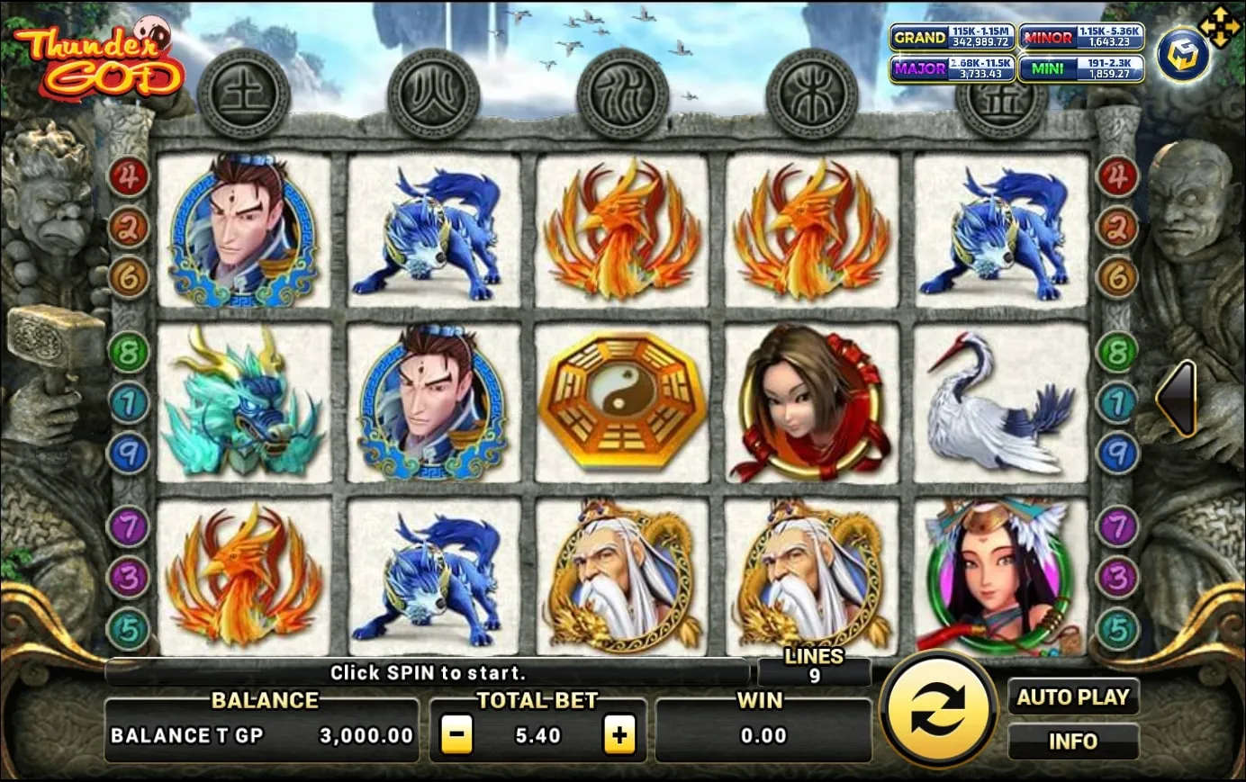 หน้าเกม Thunder God แสดงเทพสายฟ้าและเอฟเฟกต์พลังสายฟ้า