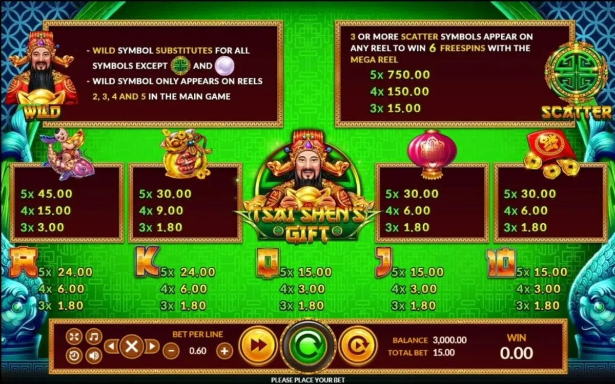 รีลเกม Tsai Shen’s Gift พร้อมสัญลักษณ์มงคลและเงินทอง