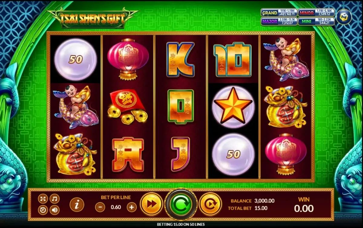 หน้าเกม Tsai Shen’s Gift แสดงเทพเจ้าไฉ่ซิงเอี๊ยและเหรียญทอง