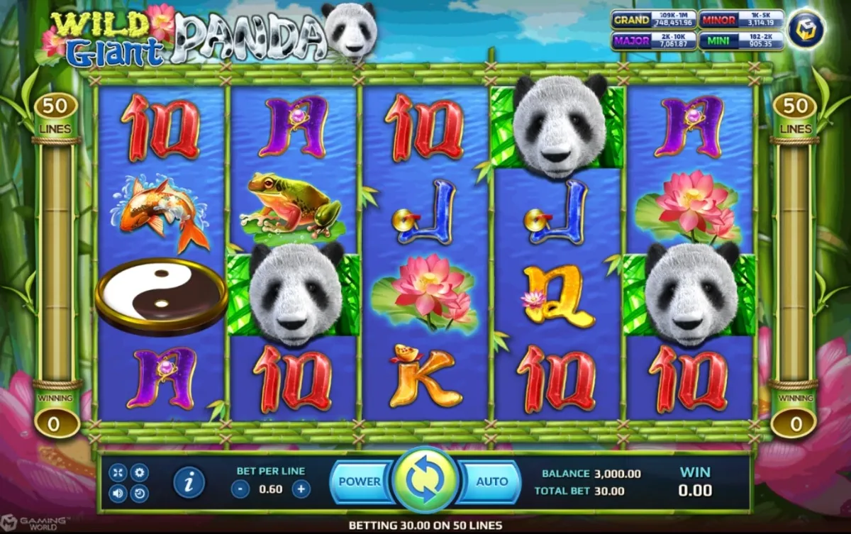 หน้าเกม Wild Giant Panda แสดงแพนด้ายักษ์และสวนไผ่เขียว