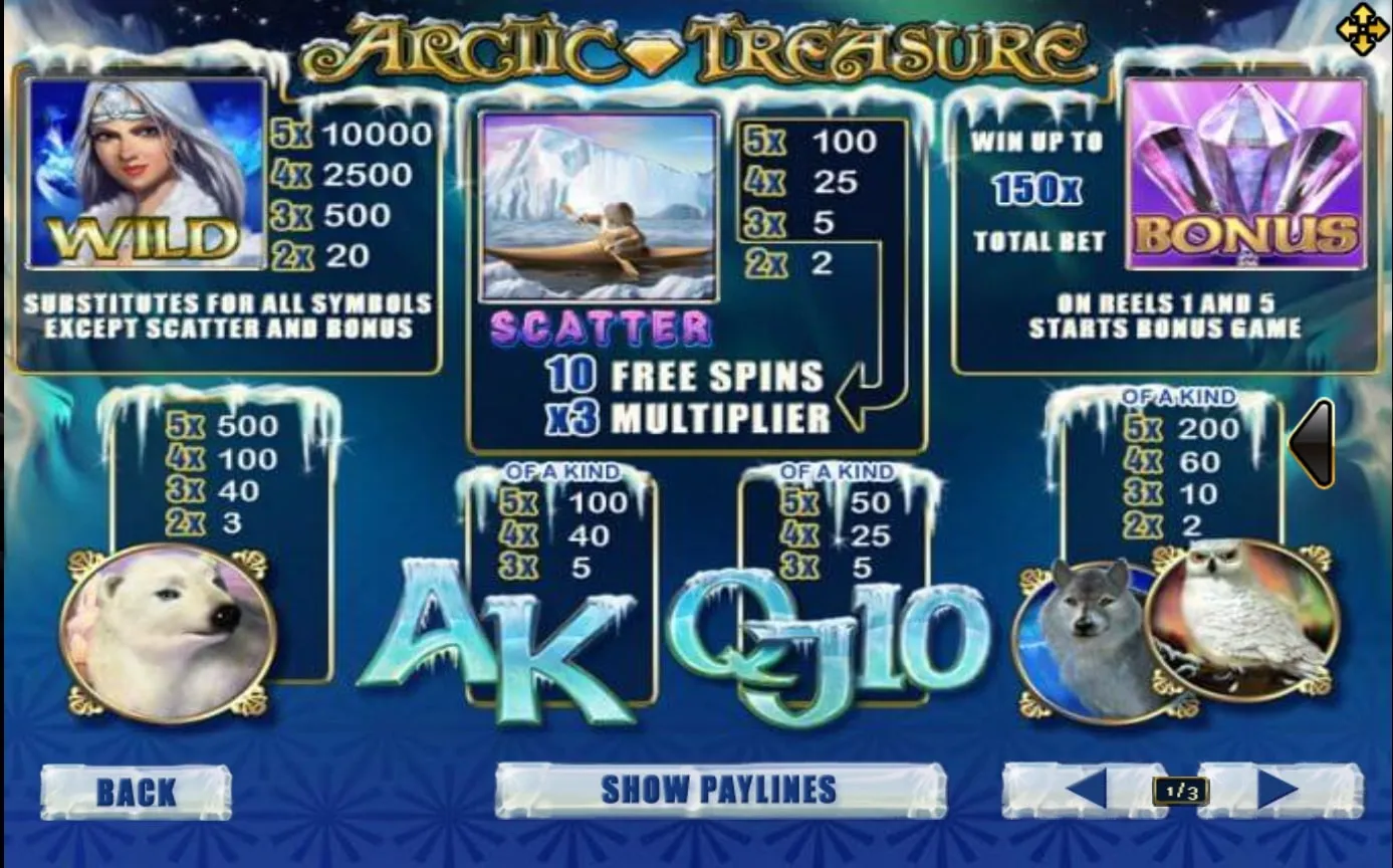 รีลเกม XO Arctic Treasure พร้อมสัญลักษณ์น้ำแข็งและอัญมณี