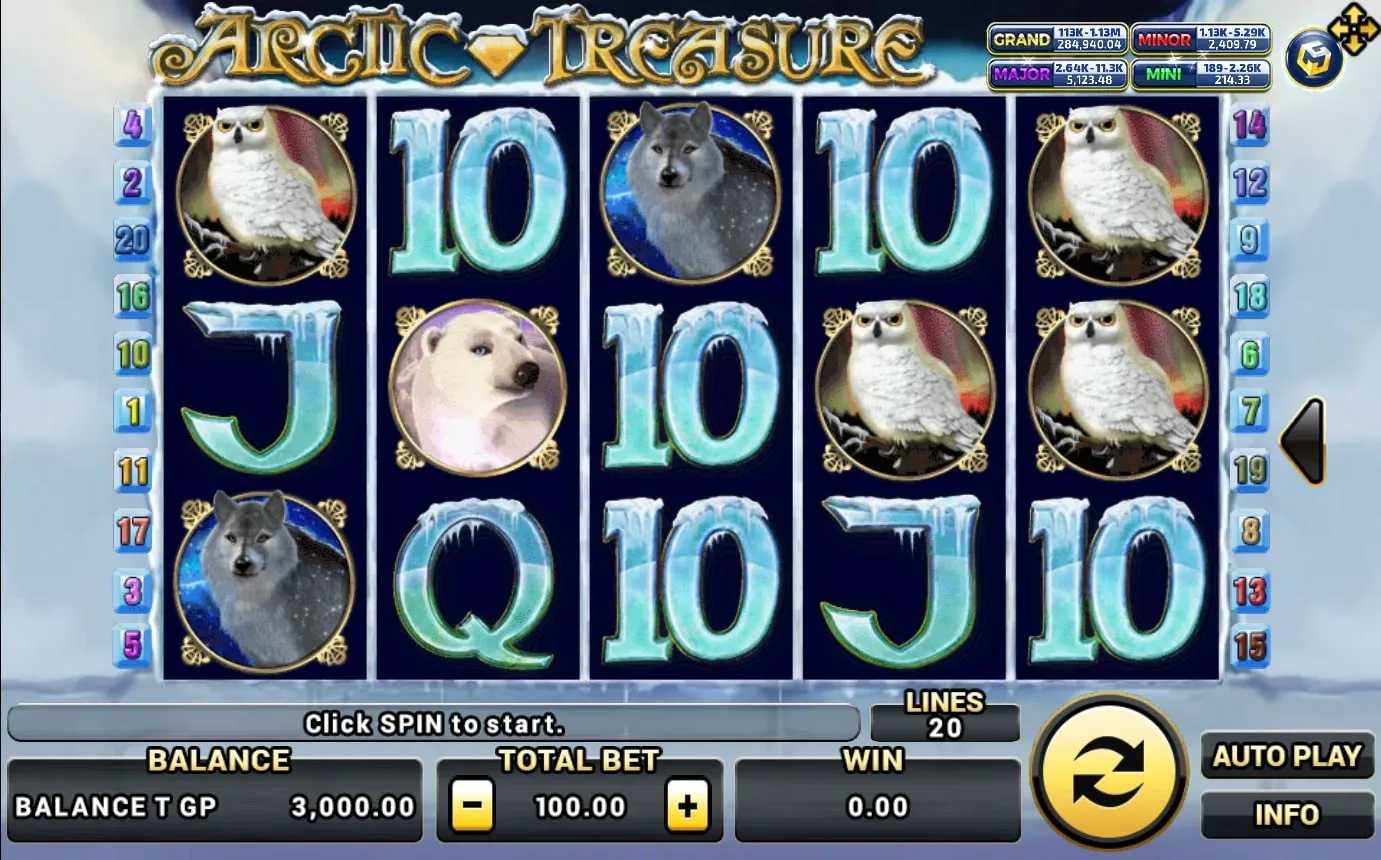 หน้าเกม XO Arctic Treasure แสดงหีบสมบัติท่ามกลางน้ำแข็งขั้วโลก