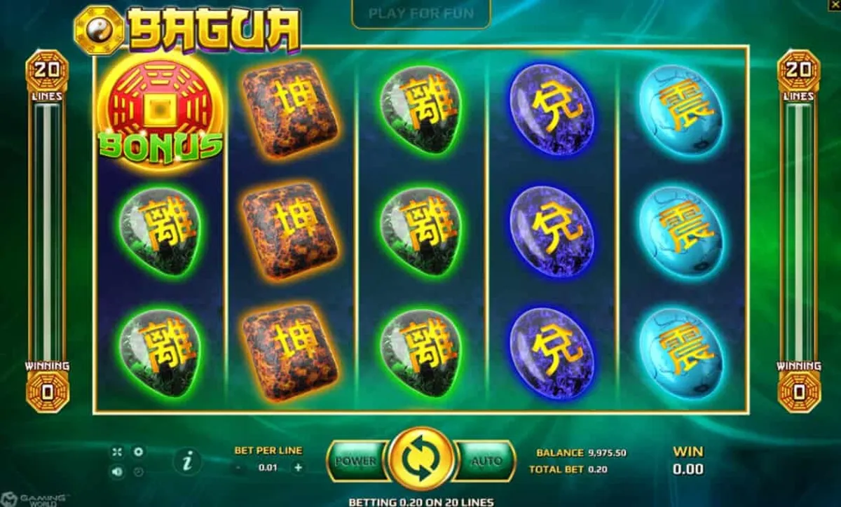 หน้าเกม XO Bagua แสดงสัญลักษณ์ปากัวและบรรยากาศลึกลับจีน