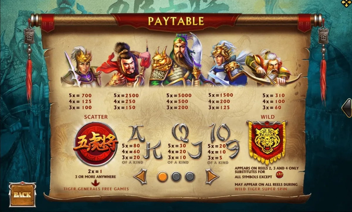 รีลเกม XO Five Tiger Generals พร้อมสัญลักษณ์ขุนศึกและอาวุธโบราณ