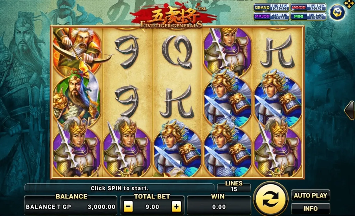หน้าเกม XO Five Tiger Generals แสดงขุนศึกห้าพยัคฆ์และฉากสงคราม