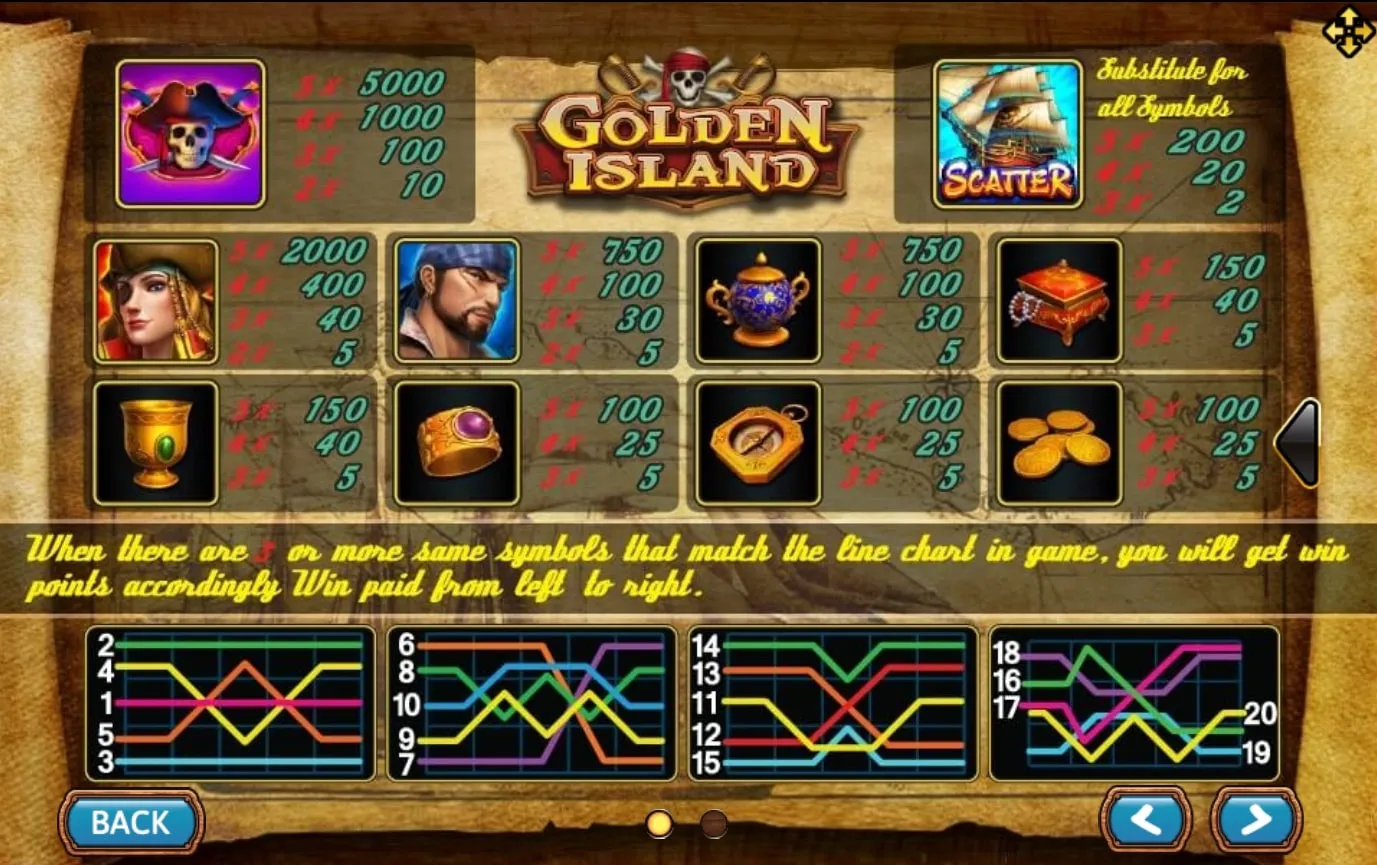 รีลเกม XO Golden Island พร้อมสัญลักษณ์สมบัติและเหรียญทอง
