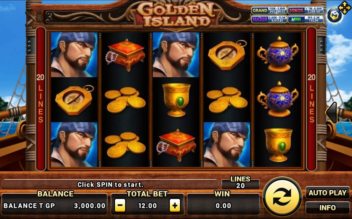 หน้าเกม XO Golden Island แสดงเกาะสมบัติและบรรยากาศผจญภัยทะเล