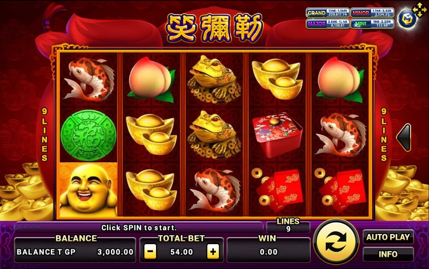 หน้าเกม XO Happy Buddha แสดงพระสังกัจจายน์และบรรยากาศมงคล
