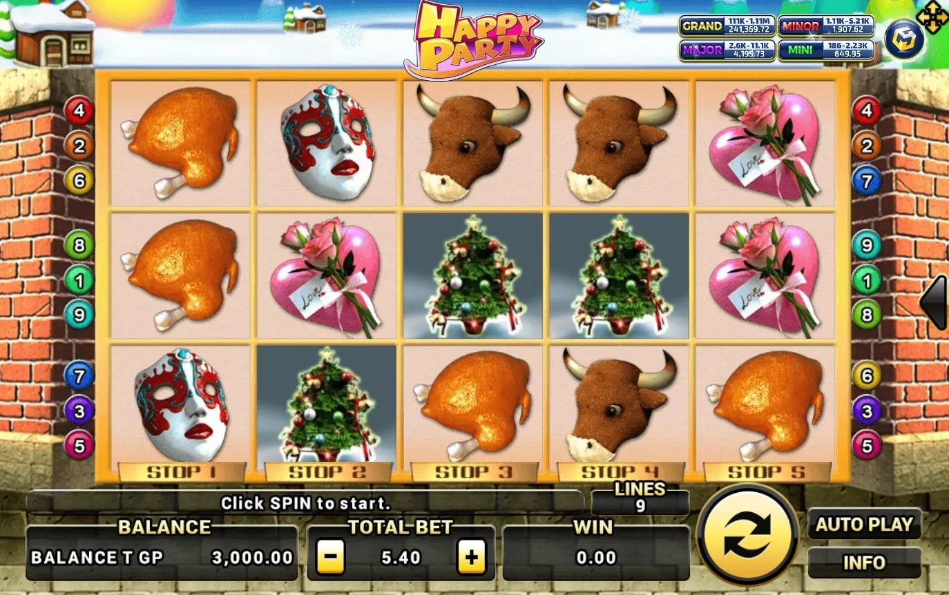 หน้าเกม XO Happy Party แสดงบรรยากาศงานปาร์ตี้สีสันสดใส