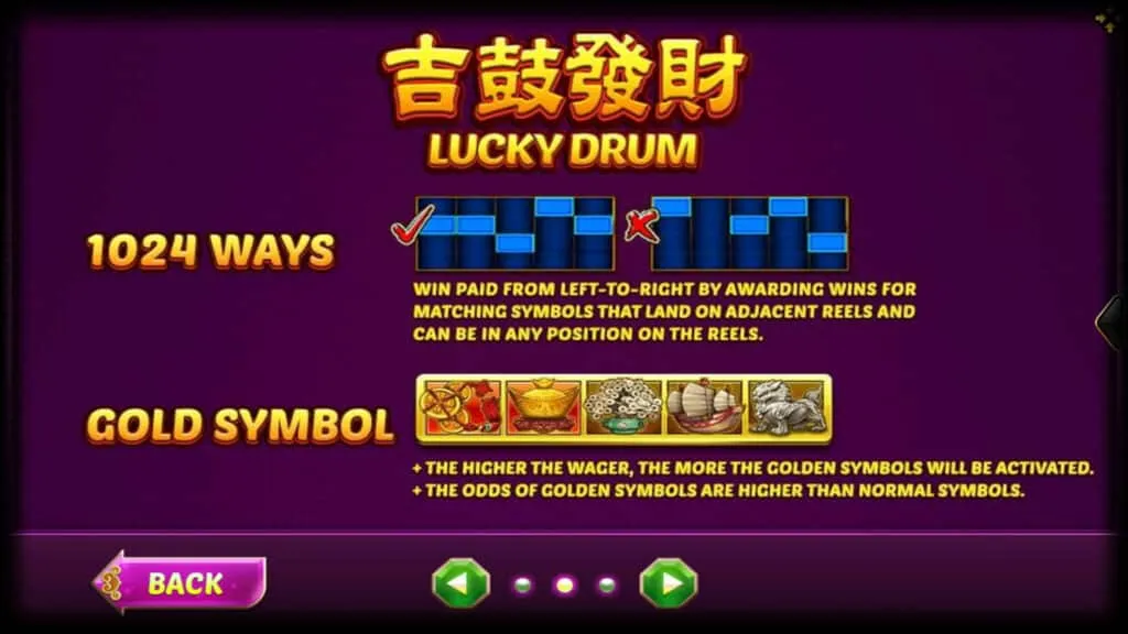 รีลเกม XO Lucky Drum พร้อมสัญลักษณ์กลองและลวดลายมงคล
