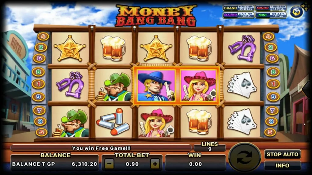 หน้าเกม XO Moneybangbang แสดงเงินสดจำนวนมากและเอฟเฟกต์สีทอง
