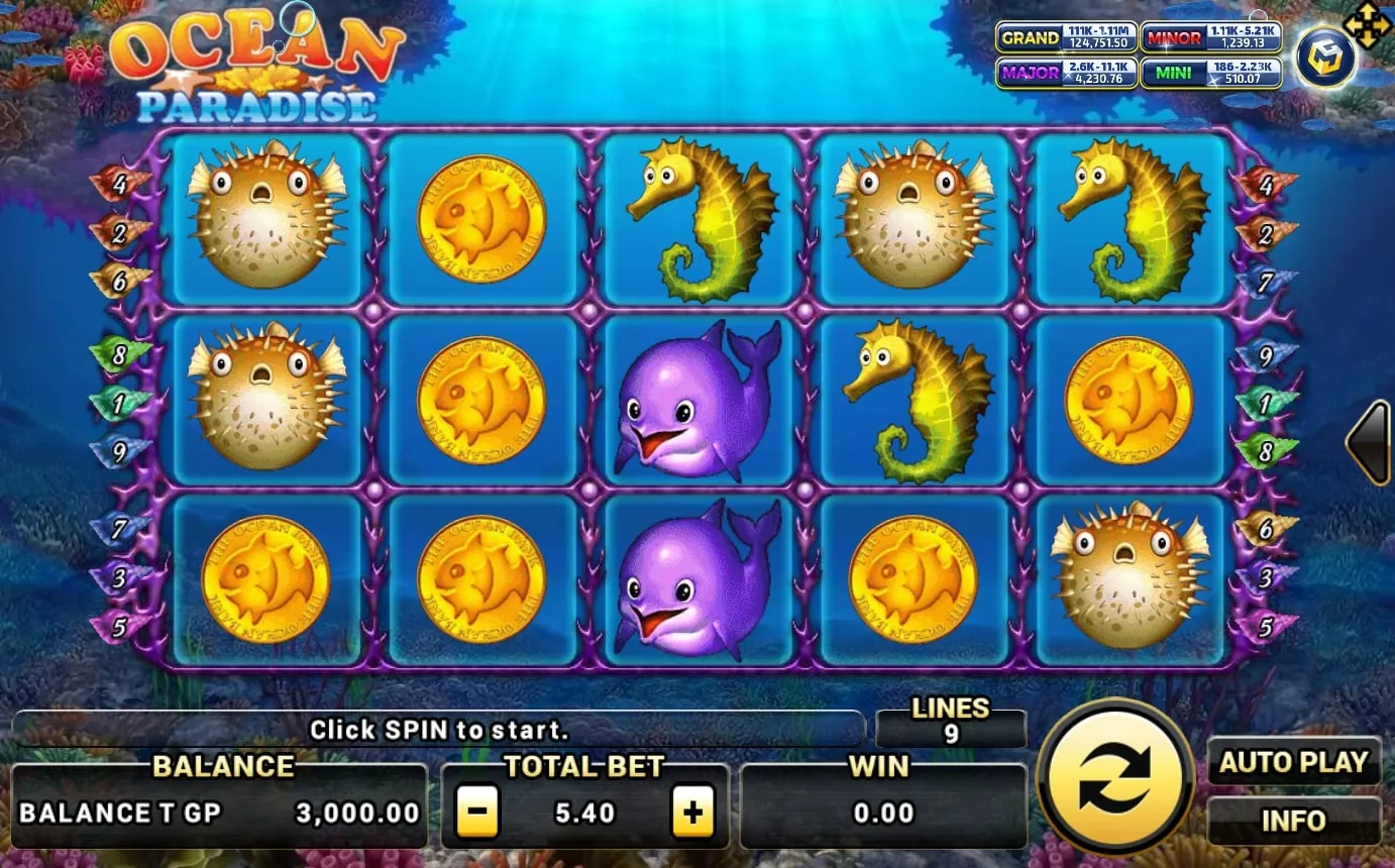 หน้าเกม XO Ocean Paradise แสดงโลกใต้น้ำและสัตว์ทะเลสีสันสดใส