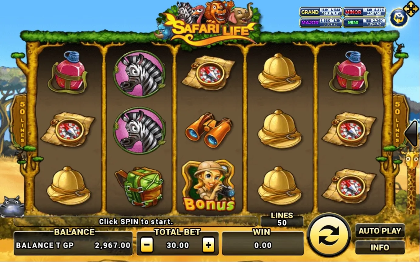 หน้าเกม XO Safari Life แสดงสัตว์ป่าแอฟริกาและบรรยากาศธรรมชาติ