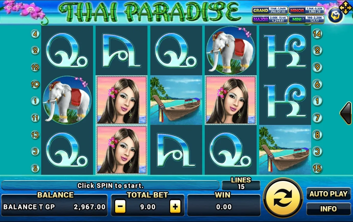 หน้าเกม XO Thai Paradise แสดงบรรยากาศไทยและลวดลายศิลปวัฒนธรรม