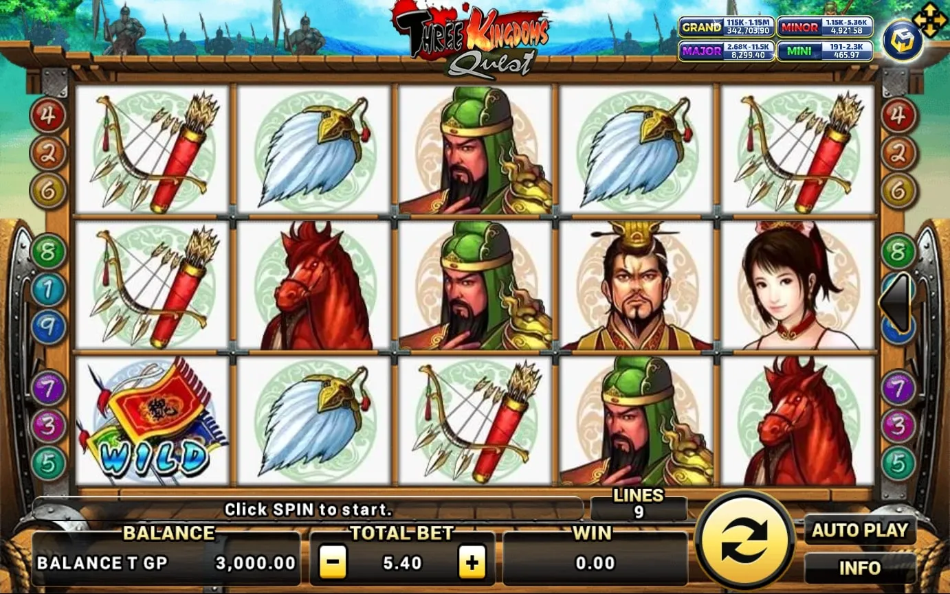 หน้าเกม XO Three Kingdoms Quest แสดงตัวละครสามก๊กและฉากสงคราม