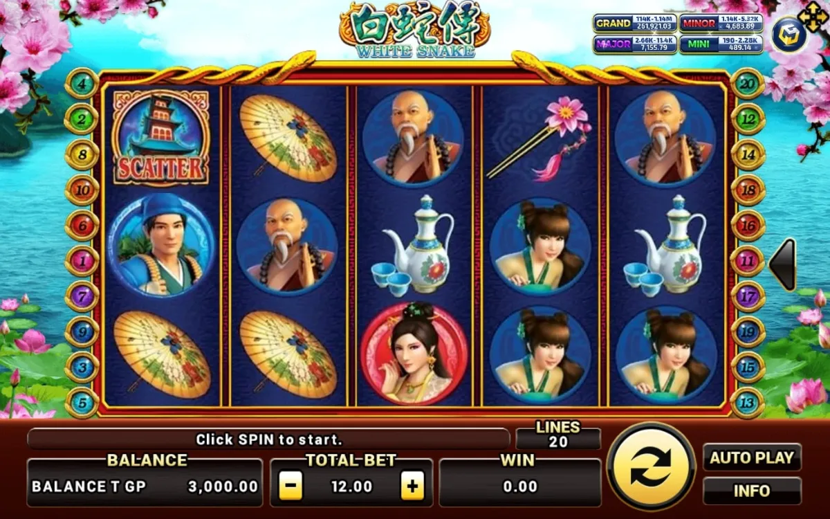 หน้าเกม XO White Snake แสดงนางพญางูขาวและบรรยากาศตำนานจีน
