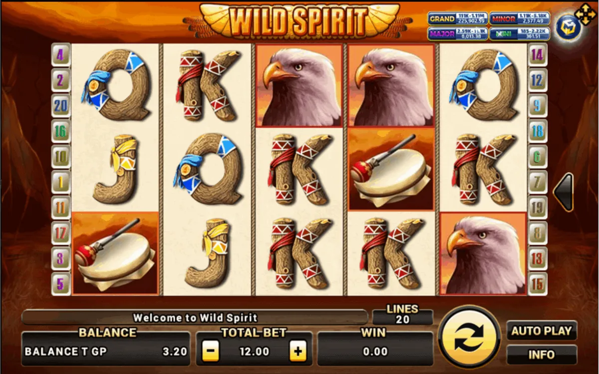 รีลเกม XO Wild Spirit พร้อมสัญลักษณ์สัตว์และไอคอนพลังธรรมชาติ