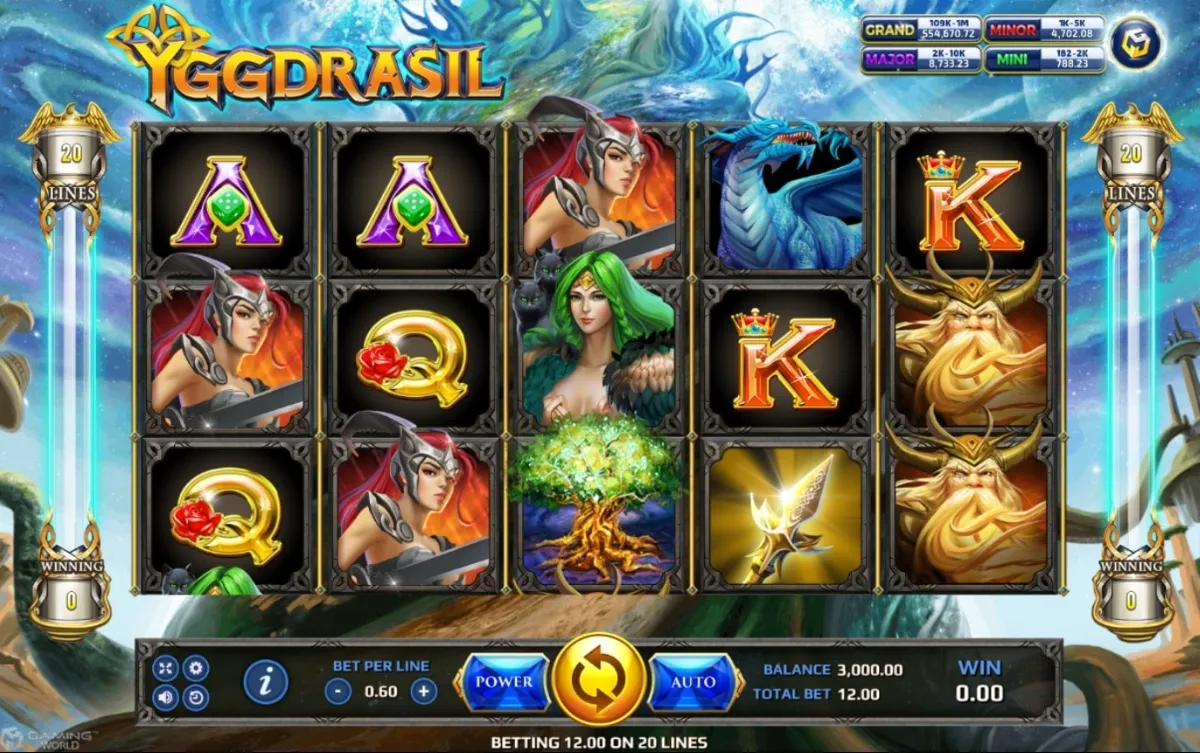 หน้าเกม Yggdrasil แสดงต้นไม้ศักดิ์สิทธิ์และบรรยากาศนอร์สโบราณ