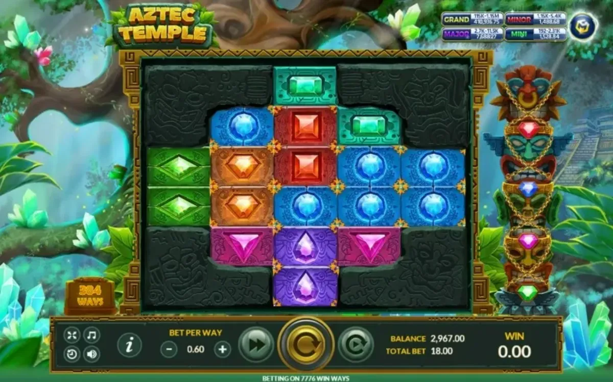 หน้าเกม Aztec Temple แสดงวิหารโบราณและลวดลายชนเผ่า