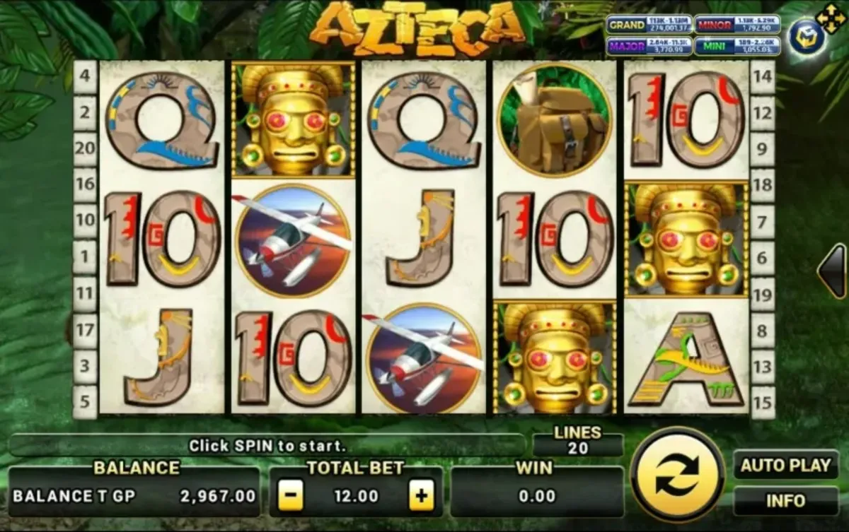 หน้าเกม Azteca แสดงวิหารโบราณและลวดลายชนเผ่า