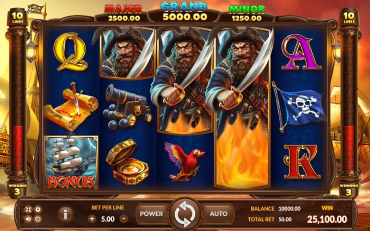 หน้าเกม Blackbeard Legacy แสดงโจรสลัดและสมบัติกลางทะเล