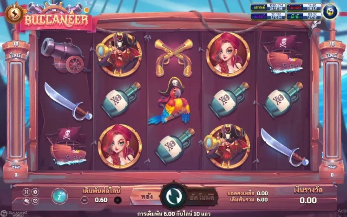 หน้าเกม Buccaneer แสดงโจรสลัดและเรือกลางทะเล