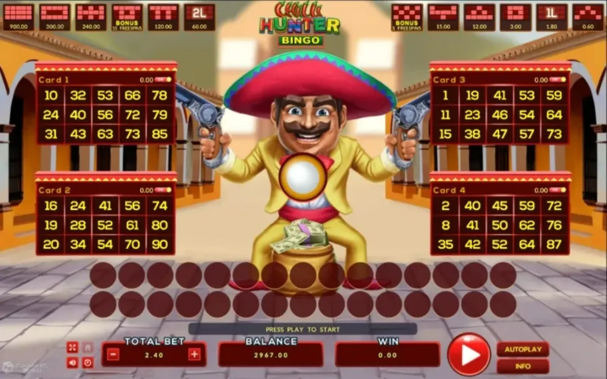 หน้าเกม Chilli Hunter Bingo แสดงพริกสีแดงและธีมสไตล์เม็กซิกัน