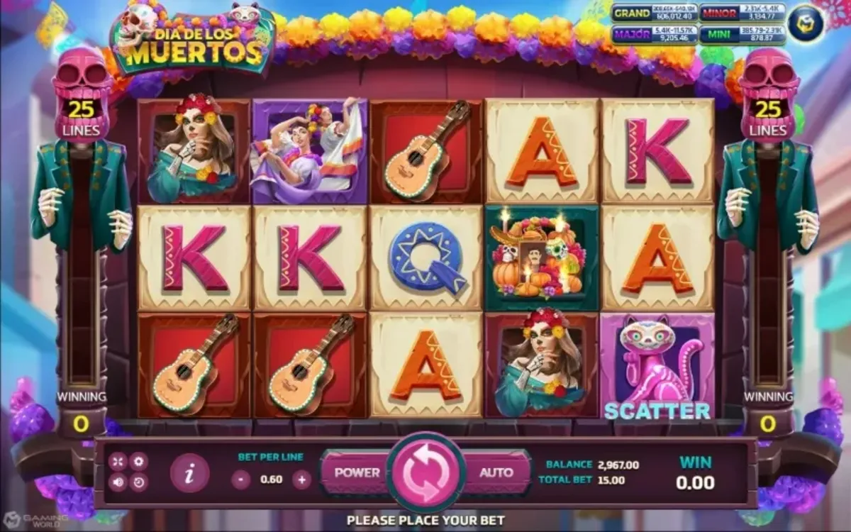 หน้าเกม Dia De Los Muertos แสดงโครงกระดูกและลวดลายเทศกาลสีสด
