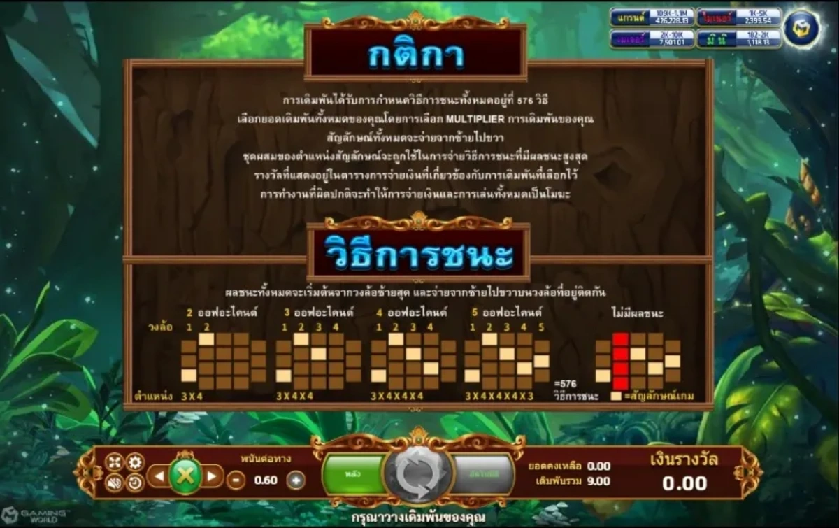 เอฟเฟกต์ชนะ Enchanted Forest พร้อมแสงสีเขียวและเหรียญ