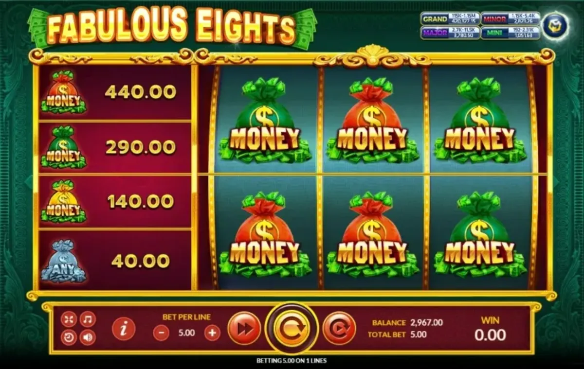 หน้าเกม Fabulous Eights แสดงเลขแปดสีทองและธีมโชคลาภจีน