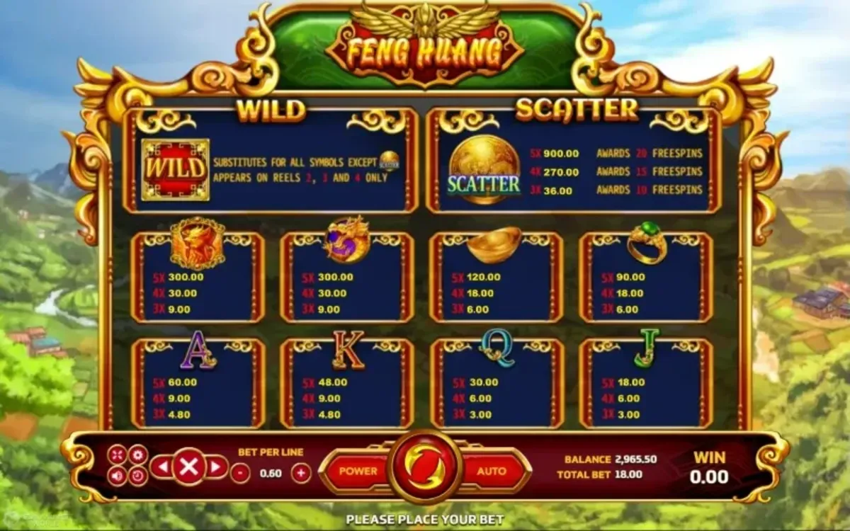 รีลเกม Feng Huang แสดงสัญลักษณ์หงส์ไฟ อัญมณี และตัวอักษรจีน