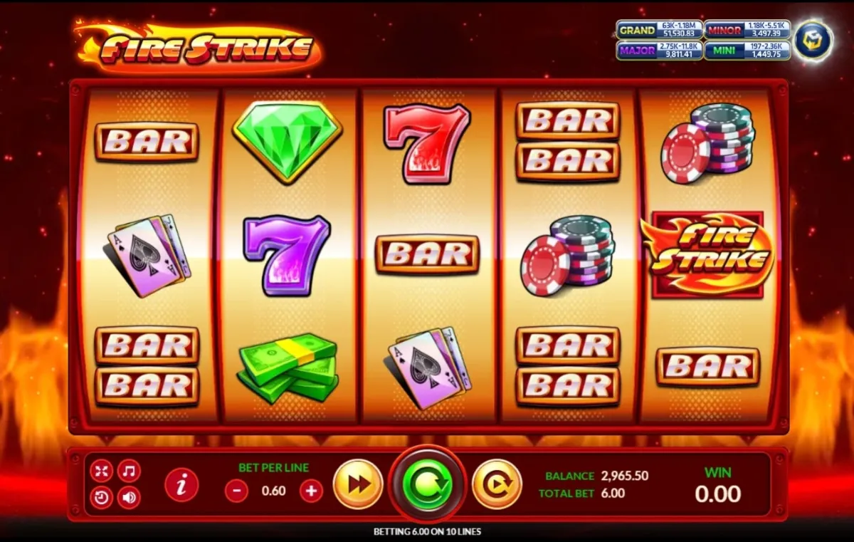 ภาพรวมเกมสล็อต Fire Strike ค่าย SLOTXO ธีมเปลวไฟและพลังโจมตีบนวงล้อ