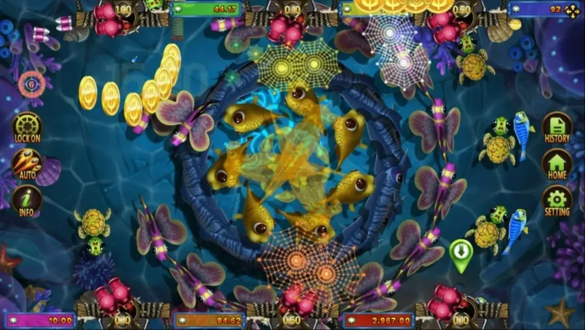 หน้าเกม Fish Hunting Da Sheng Nao Hai แสดงปลาหลากสีและฉากใต้น้ำ