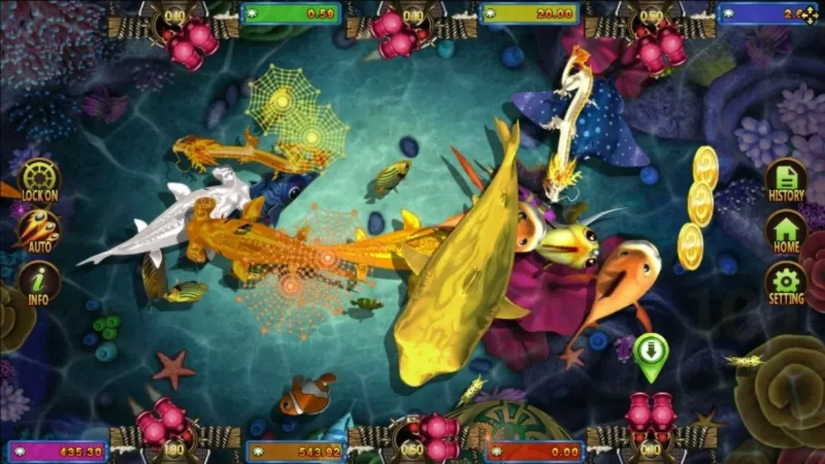 หน้าเกม Fish Hunting Golden Toad แสดงคางคกทองและฉากใต้น้ำ