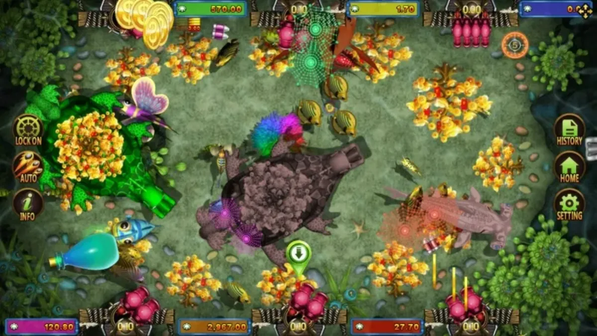 หน้าเกม Fish Hunting Yao Qian Shu แสดงปลาหลากสีและฉากใต้น้ำ