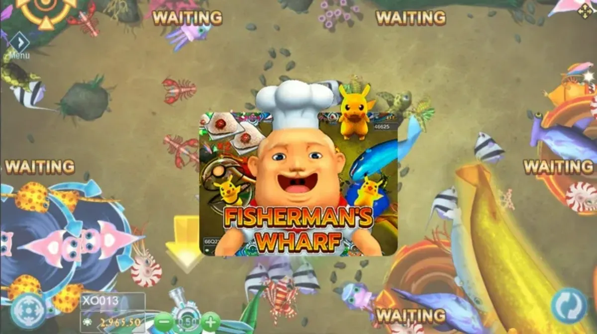 รีลเกม Fishermans Wharf แสดงสัญลักษณ์ปลา เรือ และอุปกรณ์ตกปลา