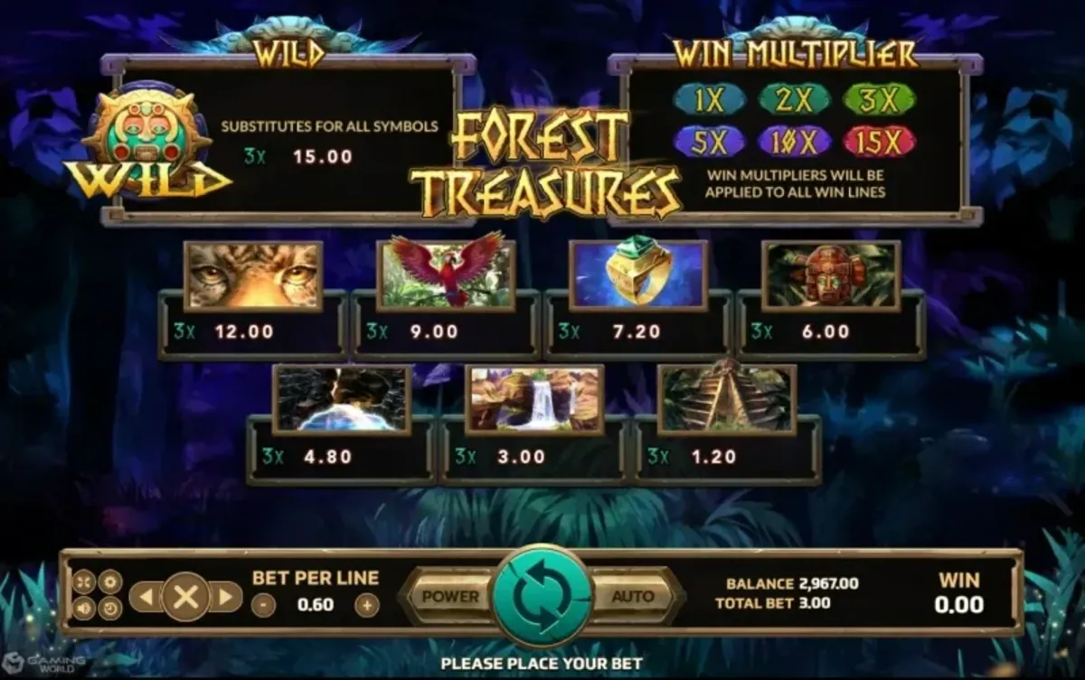 รีล Forest Treasure พร้อมสัญลักษณ์ใบไม้ เหรียญ และอัญมณี