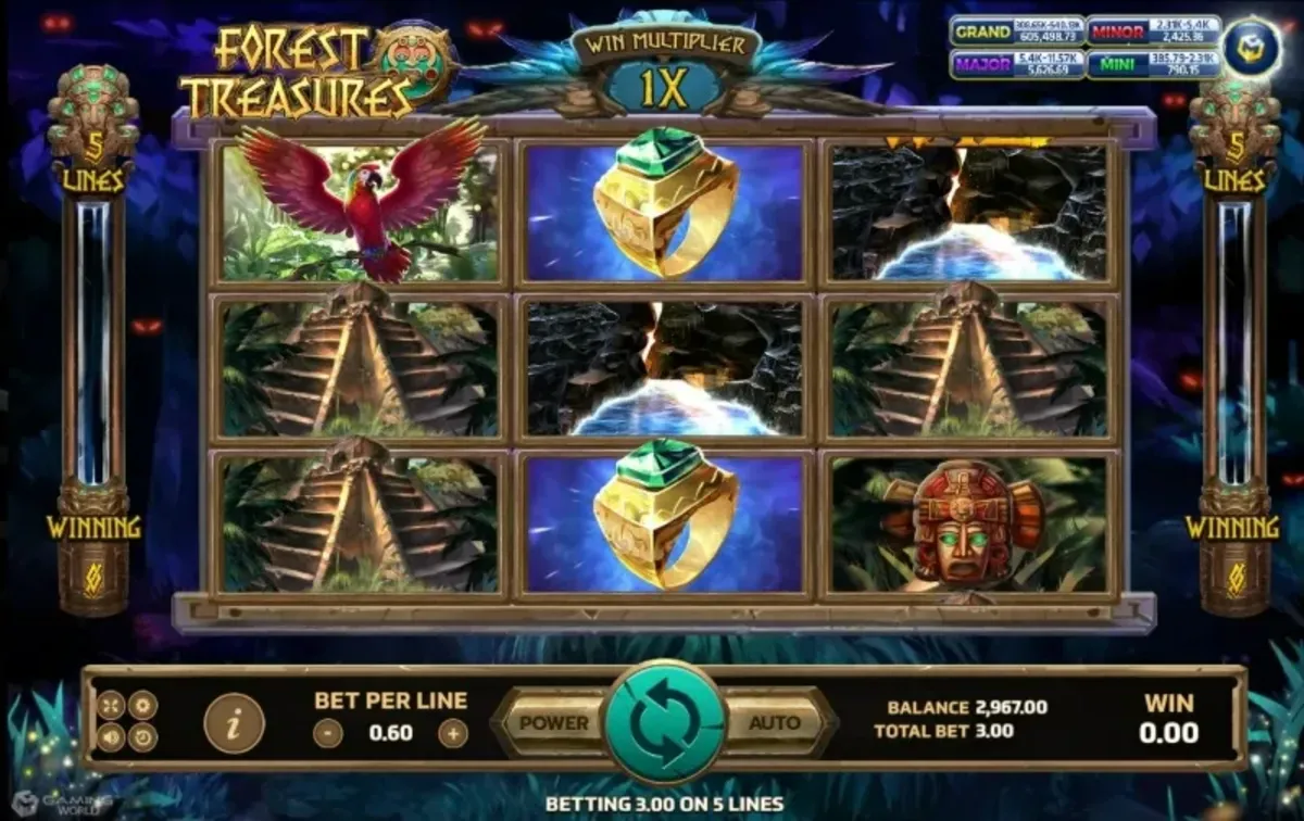 หน้าเกม Forest Treasure แสดงป่าเขียวและสมบัติซ่อนอยู่