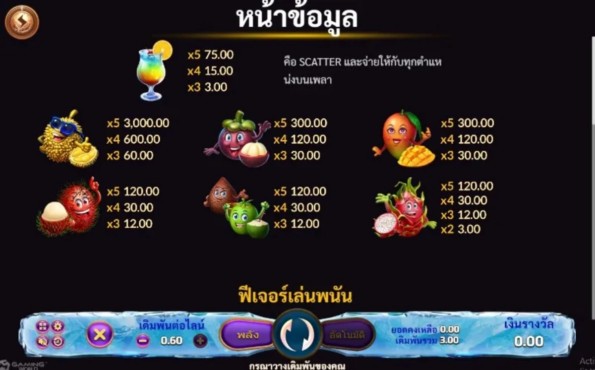 รีล Fruit Paradise พร้อมสัญลักษณ์ผลไม้และสีสันสด