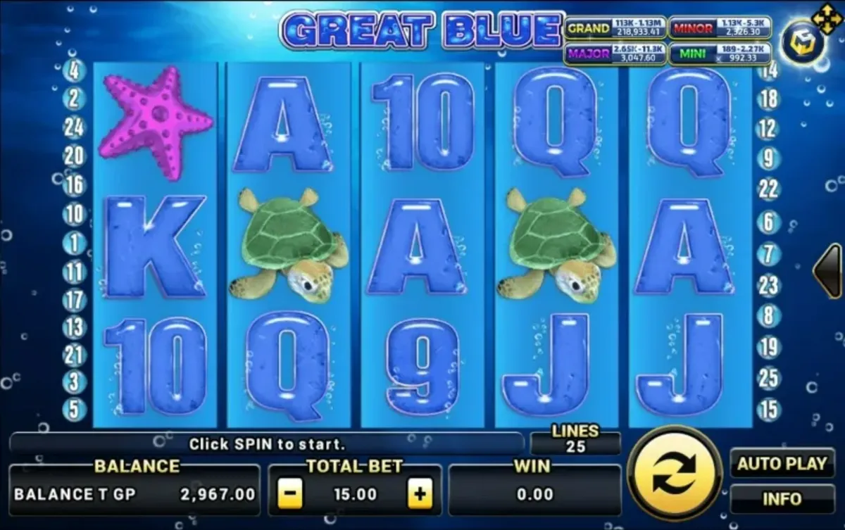 หน้าเกม Great Blue แสดงทะเลลึกและฉลามในบรรยากาศใต้น้ำ