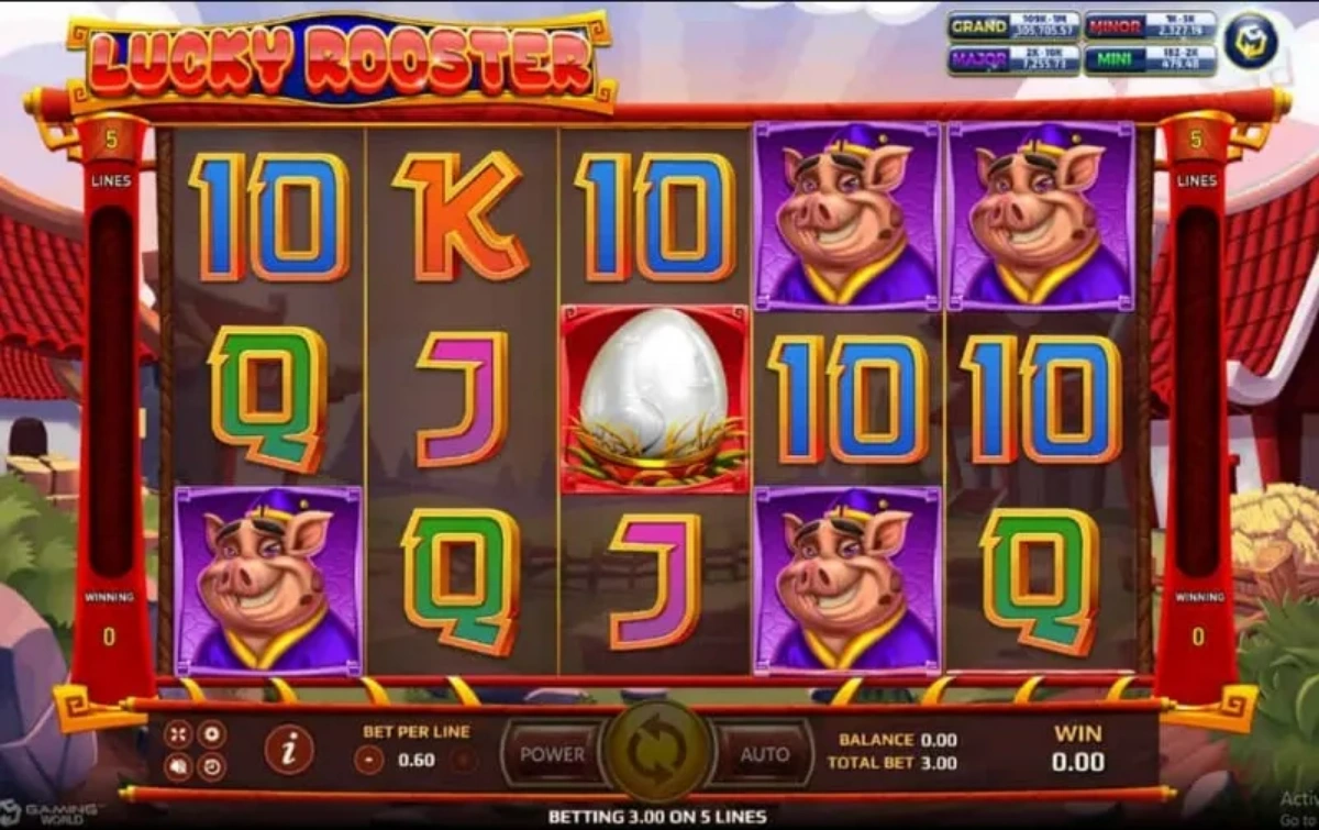 หน้าเกม Lucky Rooster แสดงไก่ทองและบรรยากาศจีนมงคล
