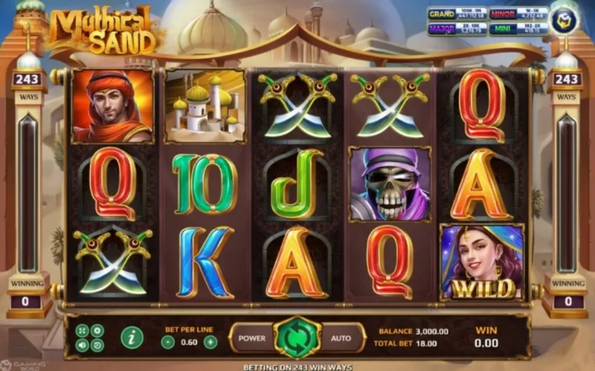 หน้าเกม Mythical Sand แสดงทะเลทรายและลวดลายอารยธรรมโบราณ