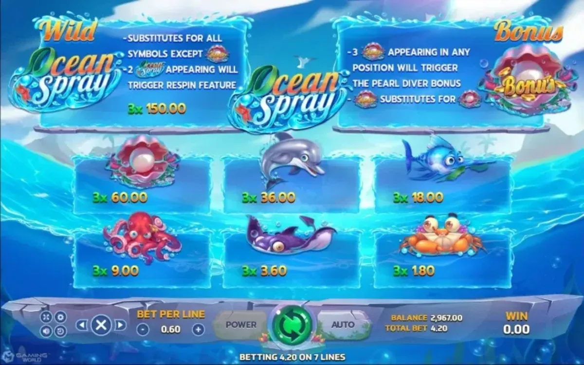รีล Ocean Spray พร้อมสัญลักษณ์น้ำ ปลา และเปลือกหอย