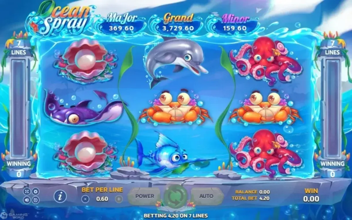 หน้าเกม Ocean Spray แสดงคลื่นทะเลและบรรยากาศน้ำสีฟ้า