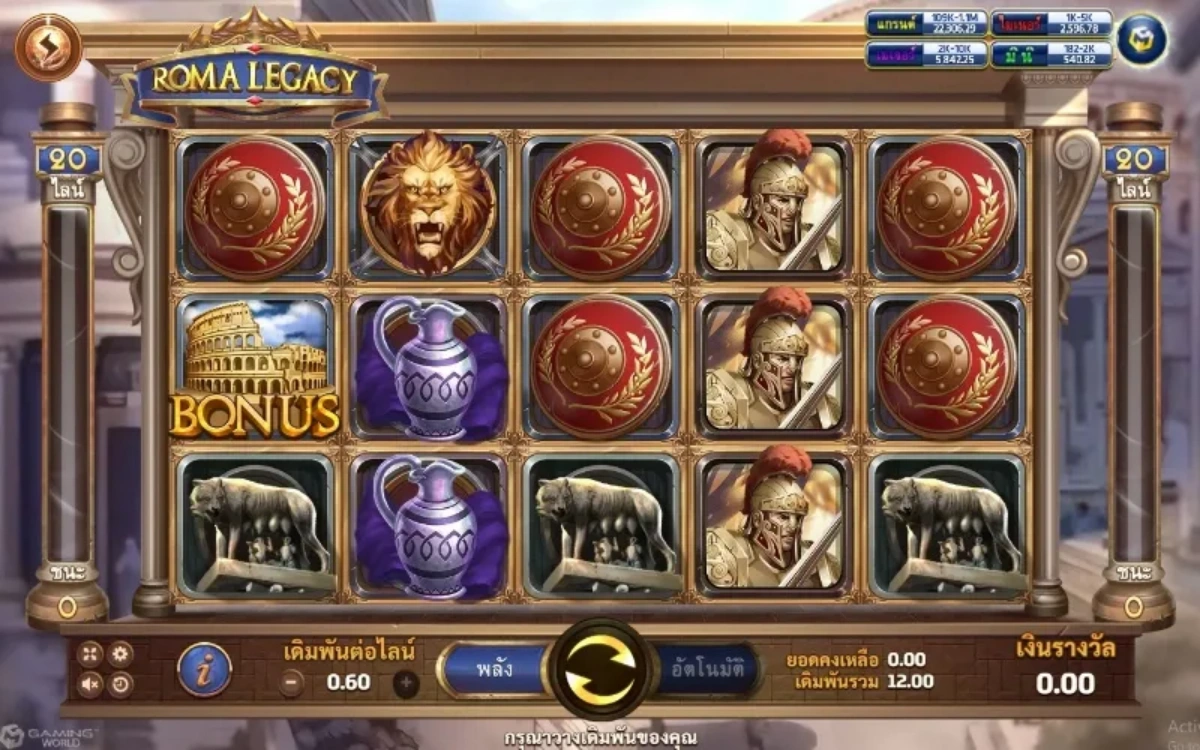 หน้าเกม Roma Legacy แสดงนักรบโรมันและสถาปัตยกรรมโบราณ